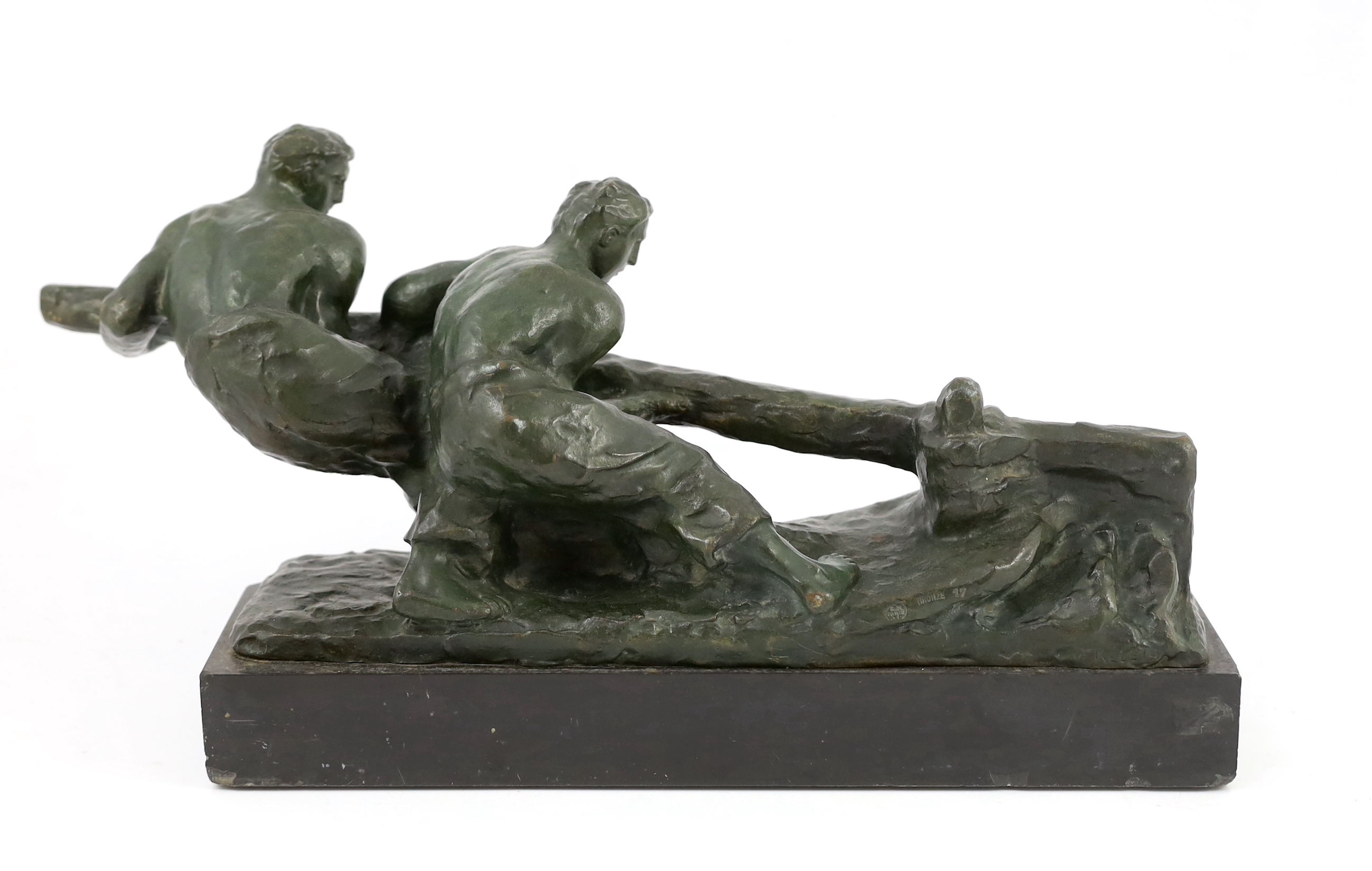 Alexandre Kelety (French/Hungarian, 1874-1940). A French Art Deco bronze group of two tillermen, 47cm long, 17cm deep, 23cm high